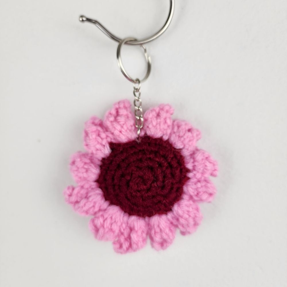 New Crochet Burgundy Pink Flower Keychain Handmade Handcrafted - Picture 5 of 6